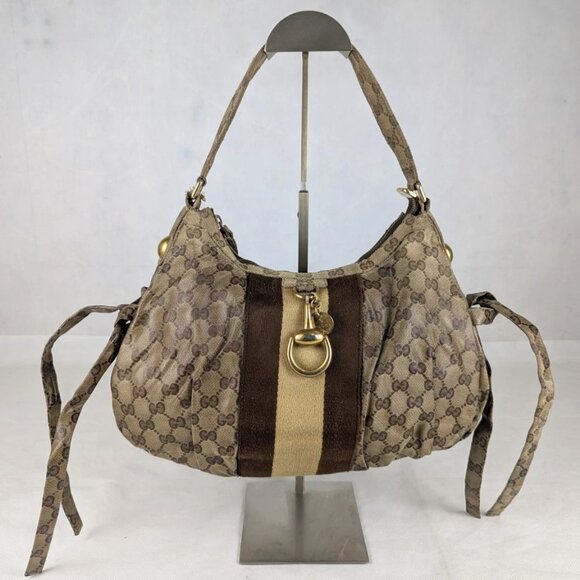Authentic GUCCI Beige/Ebony Crystal Web Stripe Small Shoulder Bag Made in Italy - Picture 1 of 16